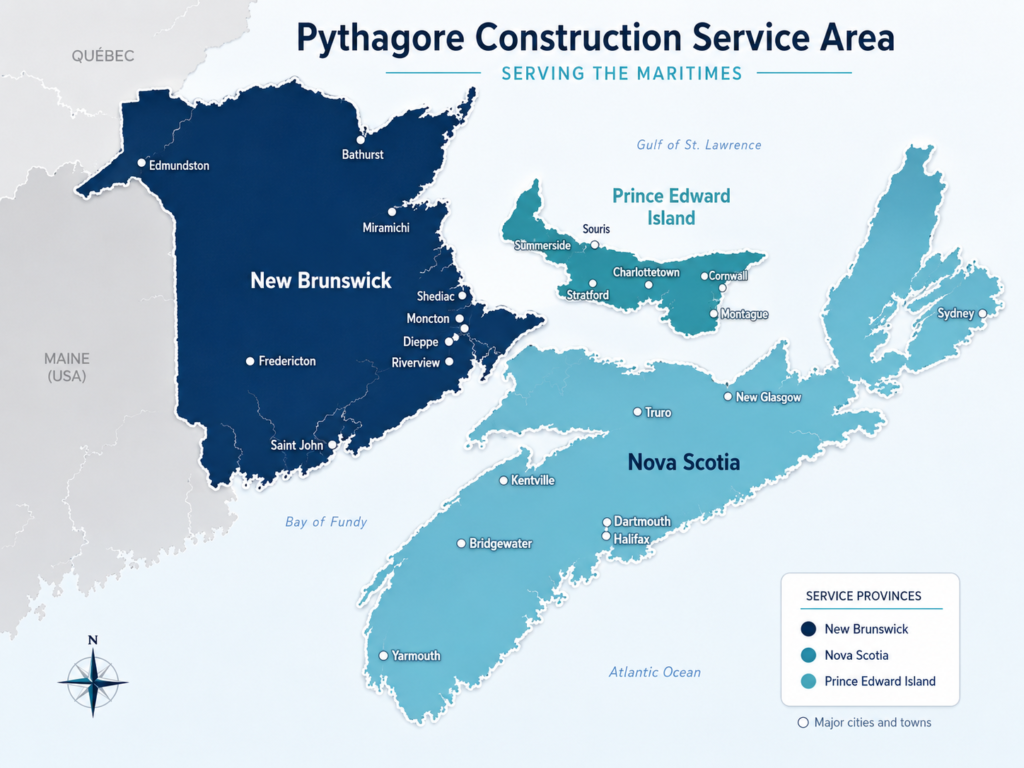 Zone de service de construction de Pythagore couvrant le Nouveau-Brunswick, la Nouvelle-Écosse et l’Île-du-Prince-Édouard
