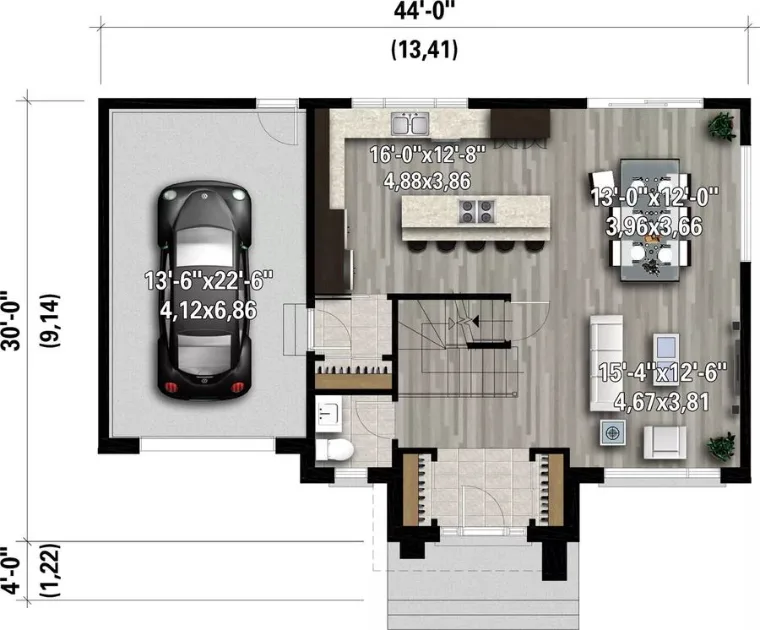 3D floor plan of a custom home design showing open-concept main floor layout, Pythagore Construction Maritimes
