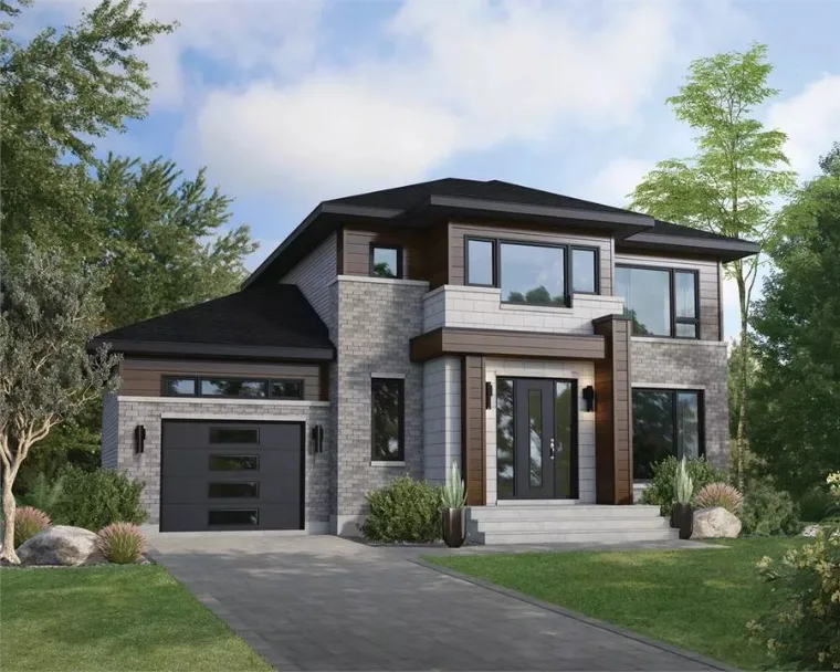 3D rendering of a two-storey modern custom home design by Pythagore Construction, New Brunswick