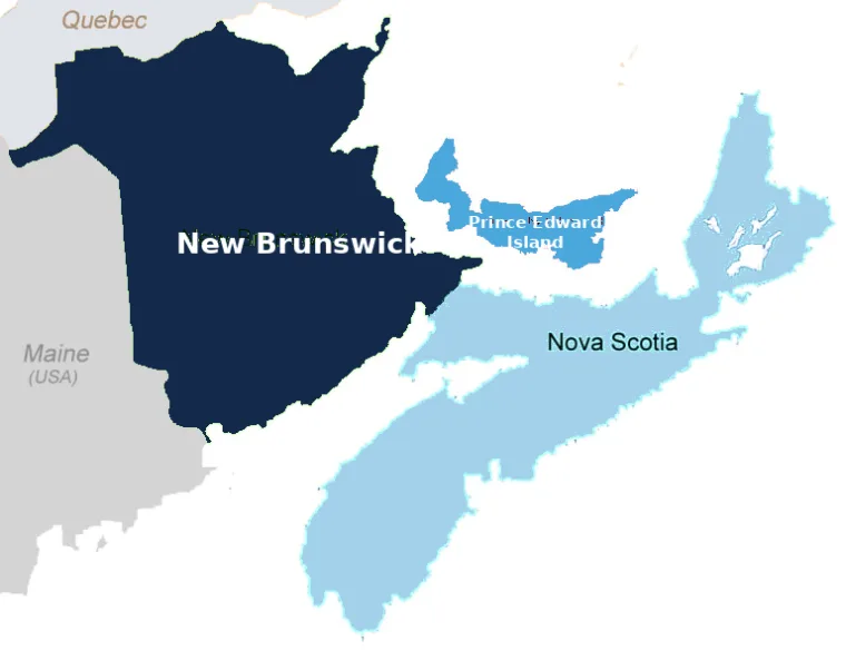 Map of Pythagore Construction's custom home design service area: New Brunswick, Nova Scotia and Prince Edward Island